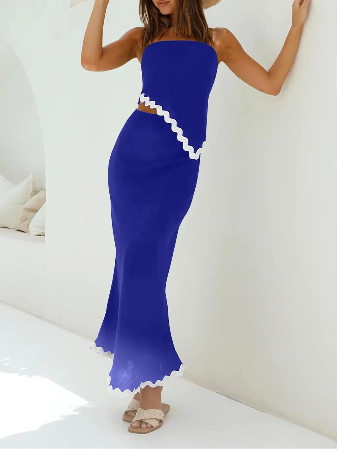 ECHOINE Women's Summer 2 Piece Beach Outfit Casual Sleeveless Cropped Tube Top High Waisted Maxi Skirt Set