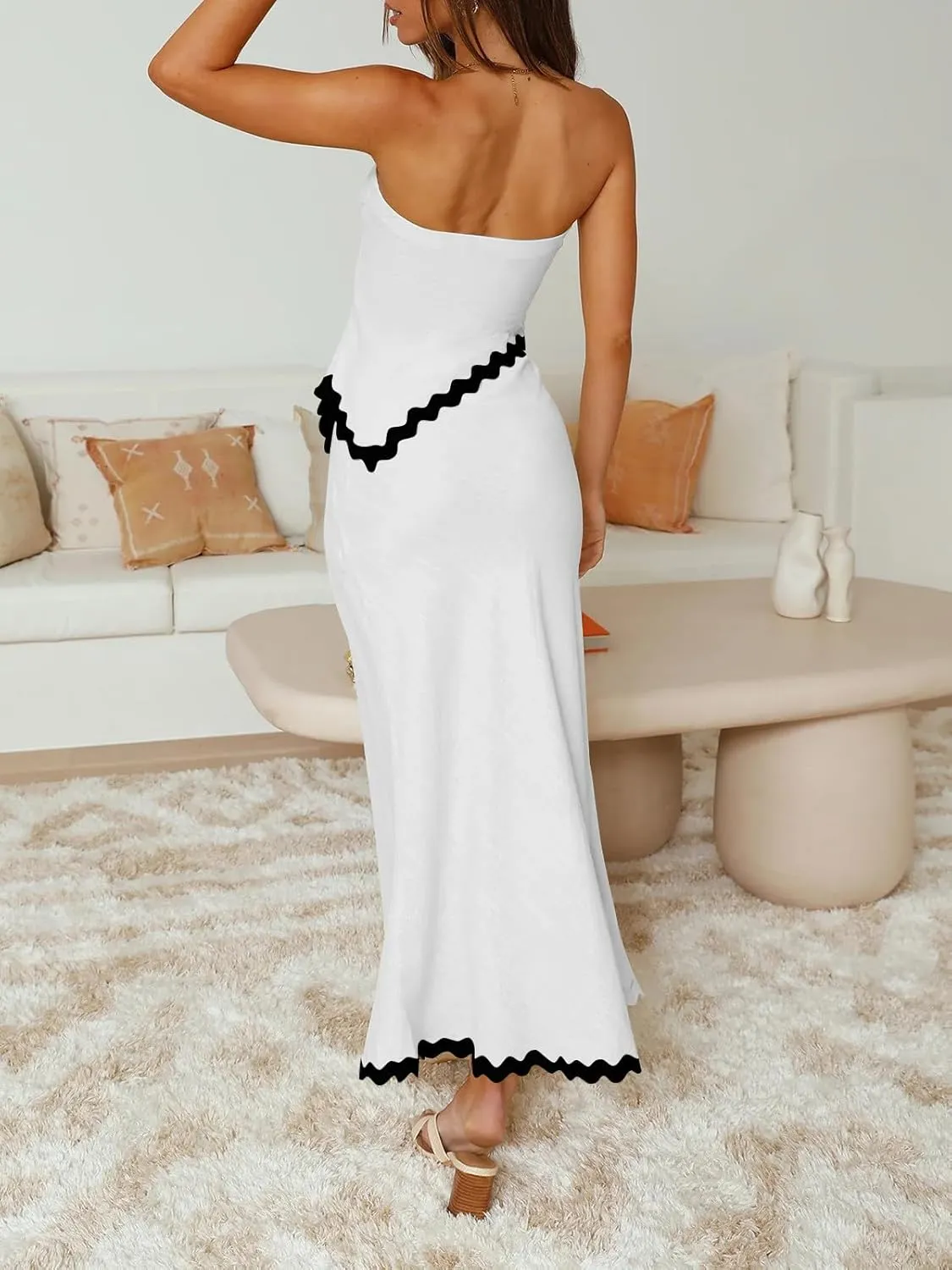 ECHOINE Women's Summer 2 Piece Beach Outfit Casual Sleeveless Cropped Tube Top High Waisted Maxi Skirt Set