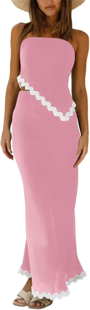 ECHOINE Women's Summer 2 Piece Beach Outfit Casual Sleeveless Cropped Tube Top High Waisted Maxi Skirt Set