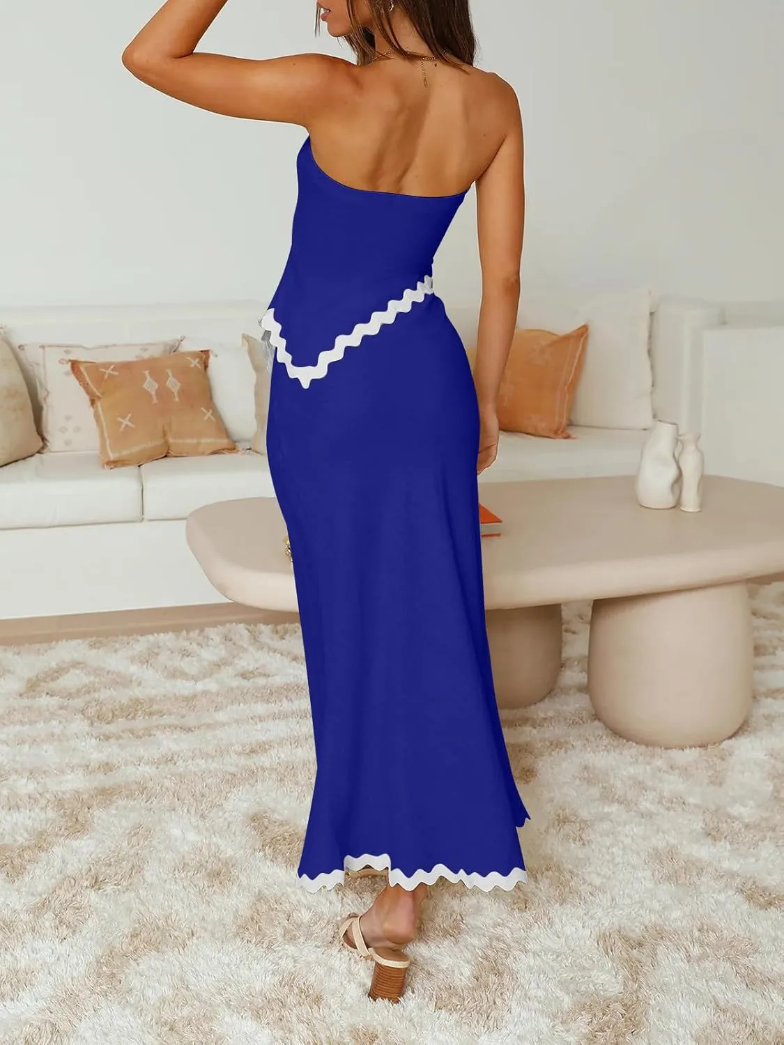 ECHOINE Women's Summer 2 Piece Beach Outfit Casual Sleeveless Cropped Tube Top High Waisted Maxi Skirt Set