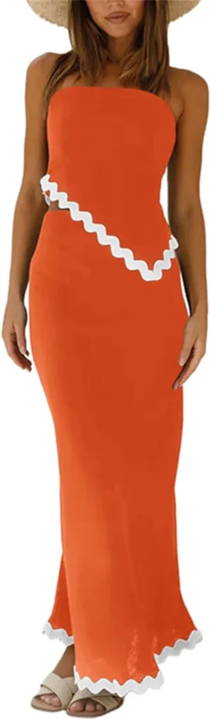 ECHOINE Women's Summer 2 Piece Beach Outfit Casual Sleeveless Cropped Tube Top High Waisted Maxi Skirt Set