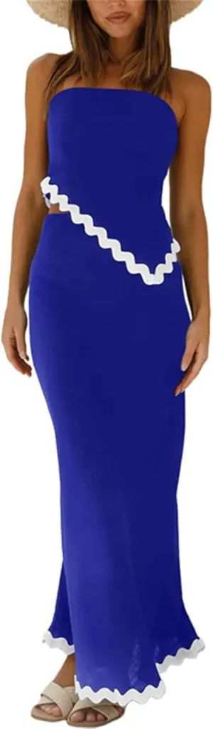 ECHOINE Women's Summer 2 Piece Beach Outfit Casual Sleeveless Cropped Tube Top High Waisted Maxi Skirt Set