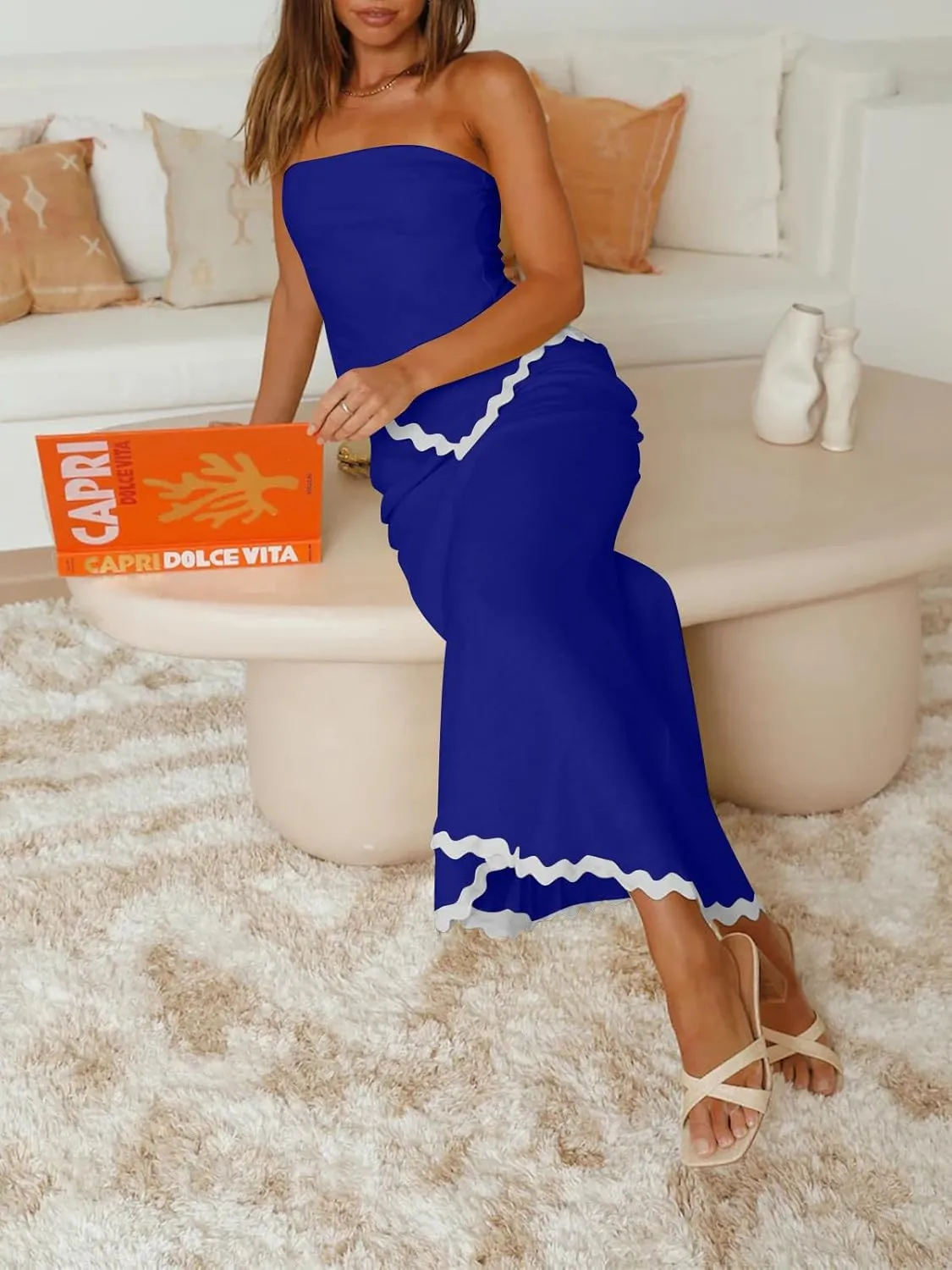 ECHOINE Women's Summer 2 Piece Beach Outfit Casual Sleeveless Cropped Tube Top High Waisted Maxi Skirt Set