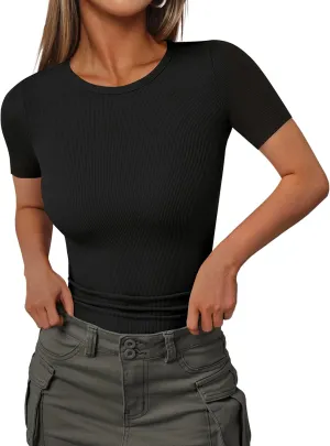 Ekouaer Women Short Sleeve Shirts Lightweight Thermal Tops Ribbed Knitted Outfit Tees Soft Crew Neck Undershirt Basic Clothes