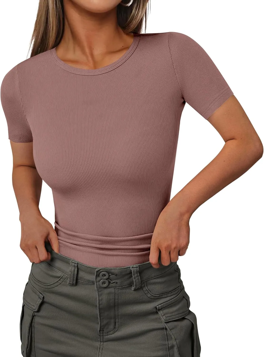 Ekouaer Women Short Sleeve Shirts Lightweight Thermal Tops Ribbed Knitted Outfit Tees Soft Crew Neck Undershirt Basic Clothes