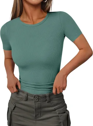 Ekouaer Women Short Sleeve Shirts Lightweight Thermal Tops Ribbed Knitted Outfit Tees Soft Crew Neck Undershirt Basic Clothes
