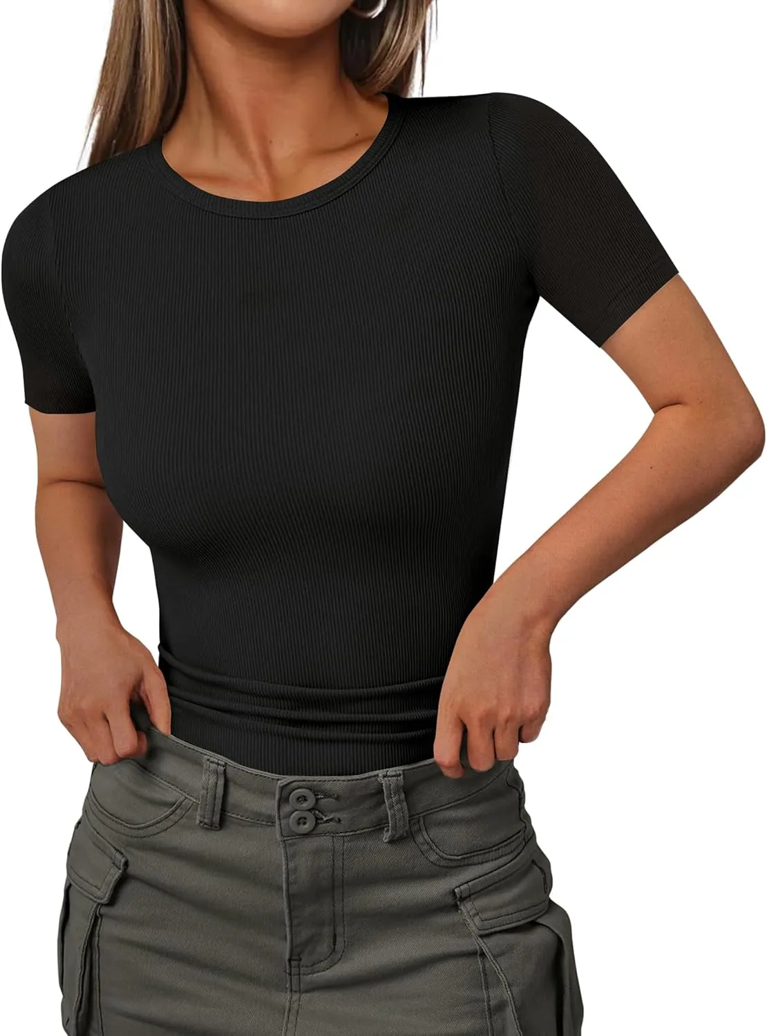 Ekouaer Women Short Sleeve Shirts Lightweight Thermal Tops Ribbed Knitted Outfit Tees Soft Crew Neck Undershirt Basic Clothes