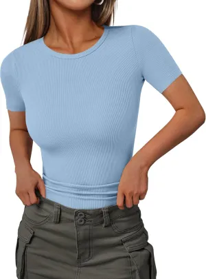 Ekouaer Women Short Sleeve Shirts Lightweight Thermal Tops Ribbed Knitted Outfit Tees Soft Crew Neck Undershirt Basic Clothes