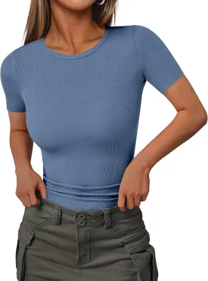 Ekouaer Women Short Sleeve Shirts Lightweight Thermal Tops Ribbed Knitted Outfit Tees Soft Crew Neck Undershirt Basic Clothes