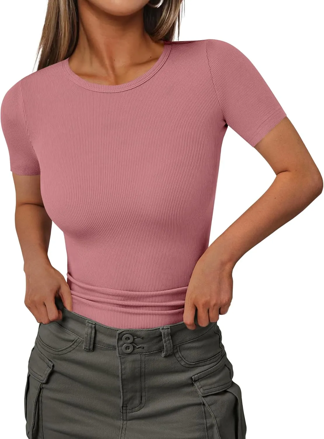 Ekouaer Women Short Sleeve Shirts Lightweight Thermal Tops Ribbed Knitted Outfit Tees Soft Crew Neck Undershirt Basic Clothes