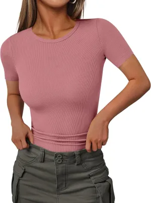 Ekouaer Women Short Sleeve Shirts Lightweight Thermal Tops Ribbed Knitted Outfit Tees Soft Crew Neck Undershirt Basic Clothes