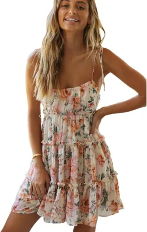 Eternatastic Womens Floral Printed Mini Dress Spaghetti Strap Sleeveless Tiered Ruffle Boho Swing Dresses