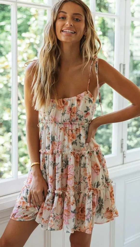 Eternatastic Womens Floral Printed Mini Dress Spaghetti Strap Sleeveless Tiered Ruffle Boho Swing Dresses