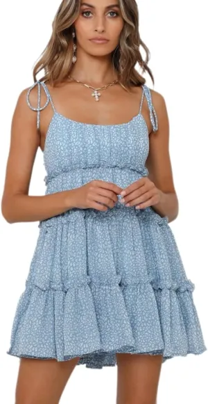 Eternatastic Womens Floral Printed Mini Dress Spaghetti Strap Sleeveless Tiered Ruffle Boho Swing Dresses