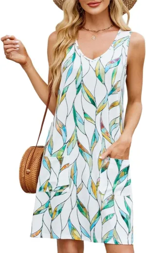 EUDOLAH Summer Dresses for Women 2025 Vacation Casual Sleeveless Loose Beach Tank Sundresses with Pockets
