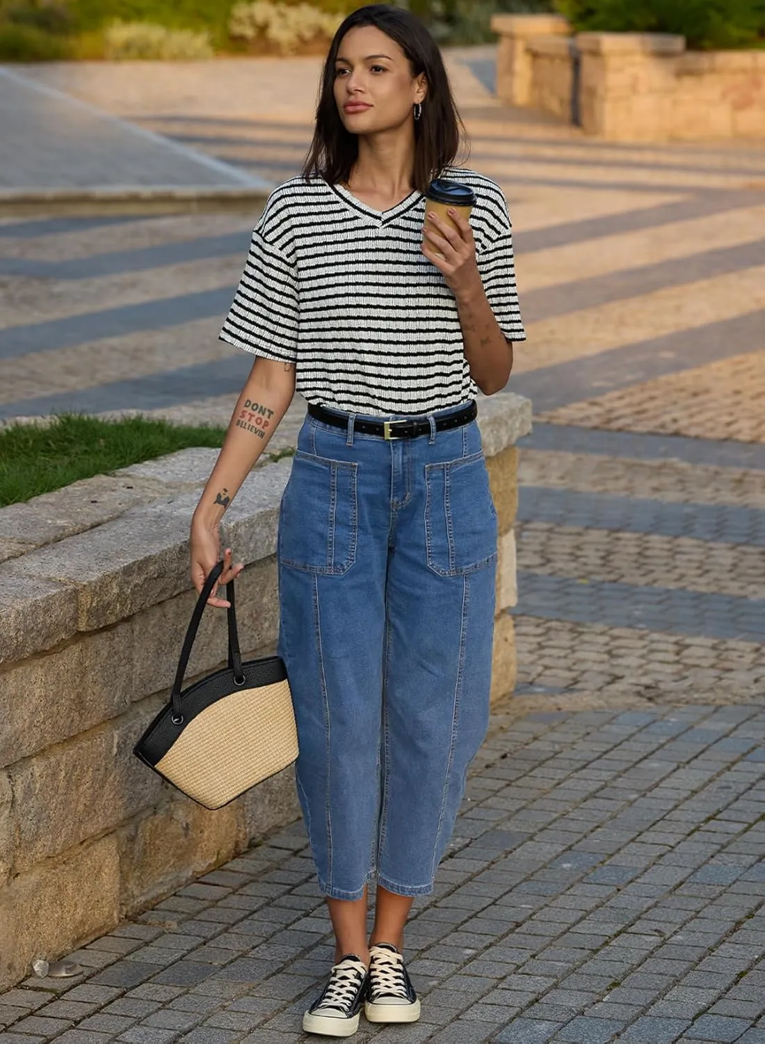 EVALESS Barrel Jeans for Women Trendy High Waisted Wide Leg Baggy Ankle Denim Pants