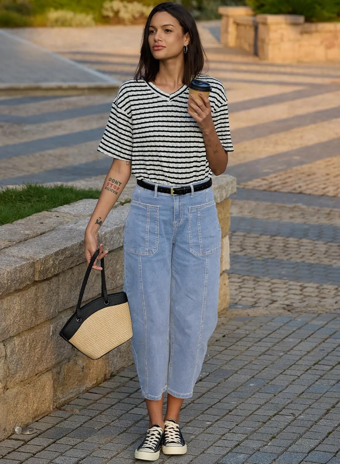 EVALESS Barrel Jeans for Women Trendy High Waisted Wide Leg Baggy Ankle Denim Pants