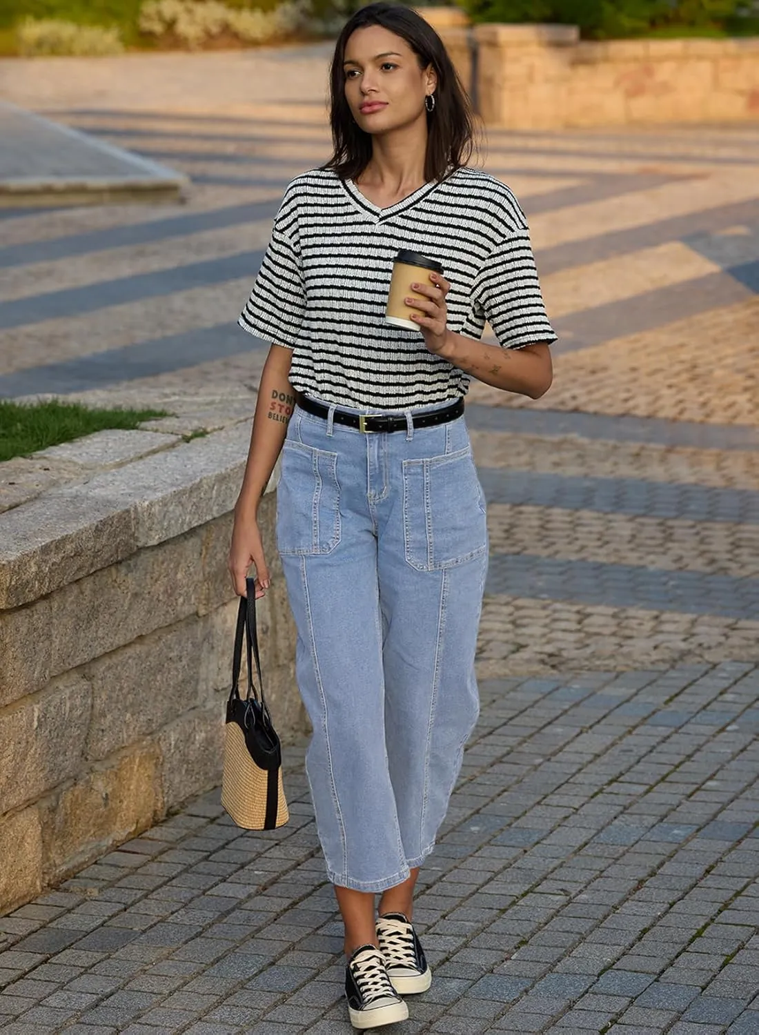 EVALESS Barrel Jeans for Women Trendy High Waisted Wide Leg Baggy Ankle Denim Pants