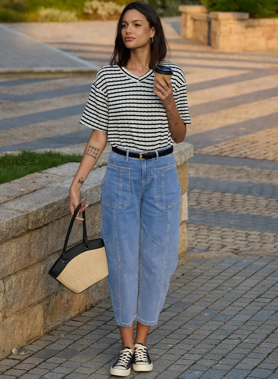 EVALESS Barrel Jeans for Women Trendy High Waisted Wide Leg Baggy Ankle Denim Pants