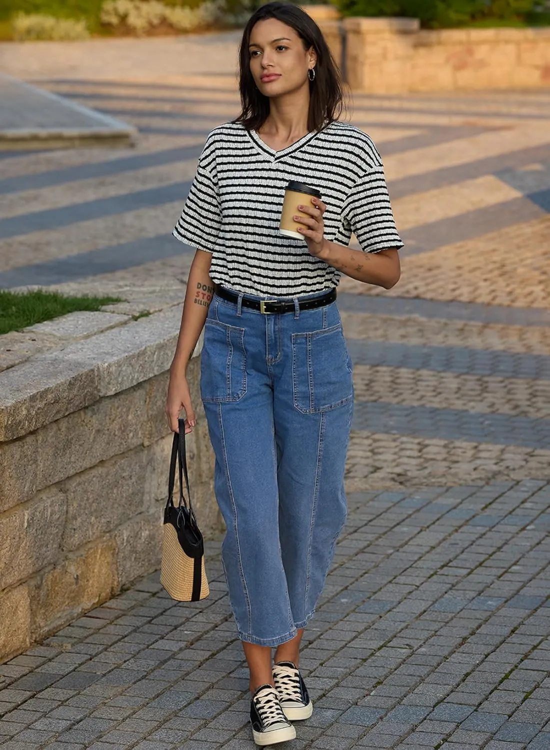 EVALESS Barrel Jeans for Women Trendy High Waisted Wide Leg Baggy Ankle Denim Pants