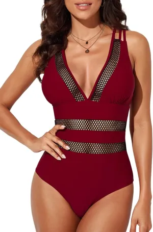 EVALESS One Piece Swimsuit Women Tummy Control Sexy Mesh V Neck Swimwear Summer 2025 High Waisted Cross Back Bathing Suits