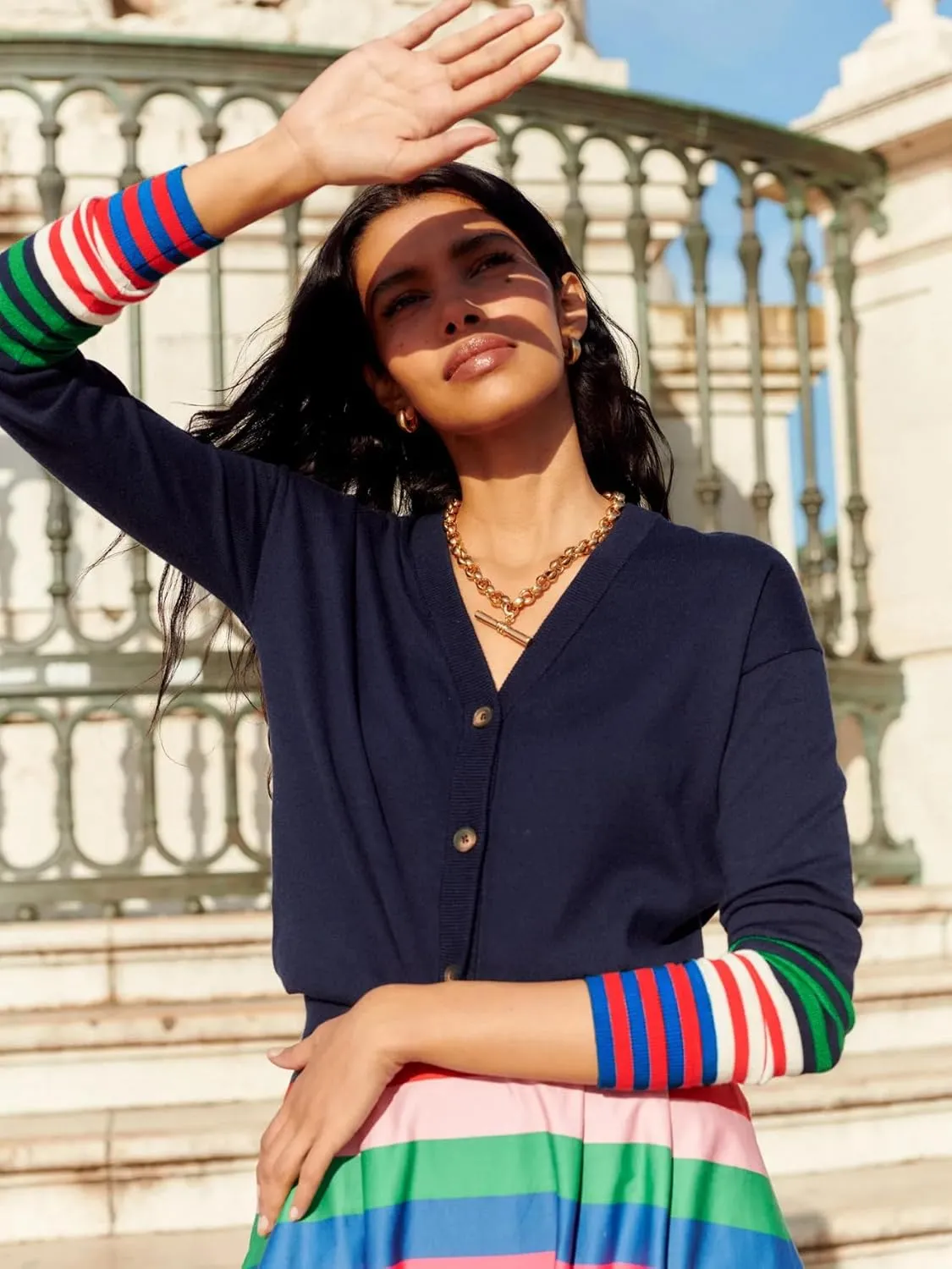 FAIRY SEASON Women's V Neck Button Down Cardigan Sweaters Long Sleeve Color Block Striped Open Front Casual Knit Soft Outwear