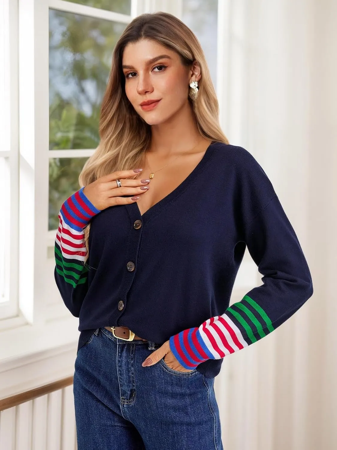 FAIRY SEASON Women's V Neck Button Down Cardigan Sweaters Long Sleeve Color Block Striped Open Front Casual Knit Soft Outwear