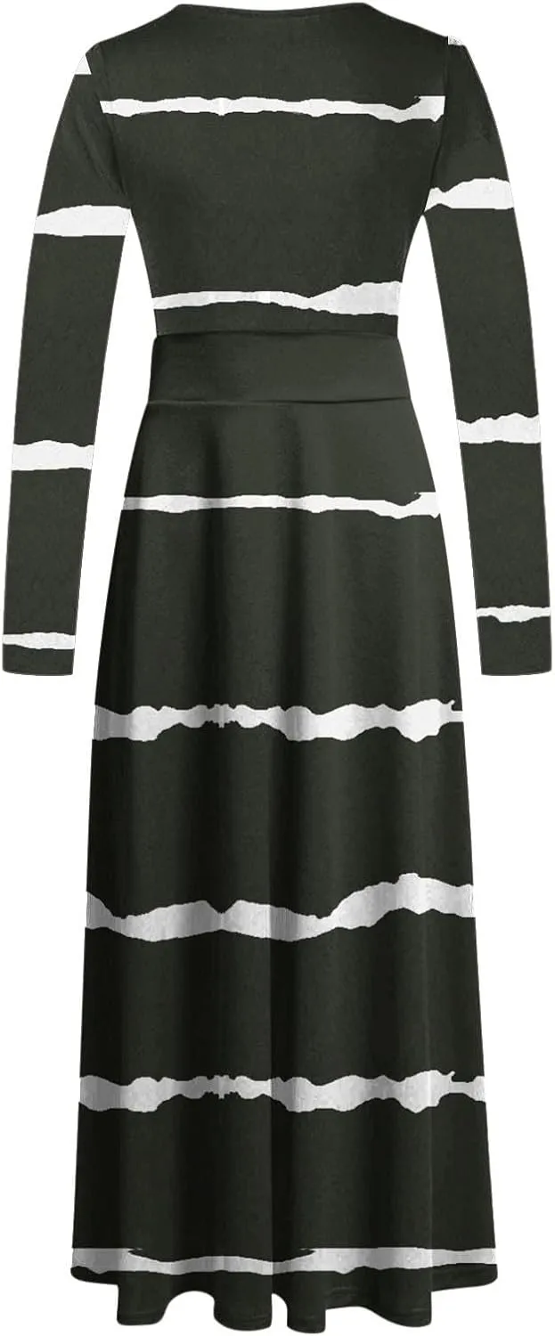 Fall Floral Dresses for Women 2024 Fashion Striped Elastic Waist Causal Boho Dress Plus Size Crewneck Oversized Dress