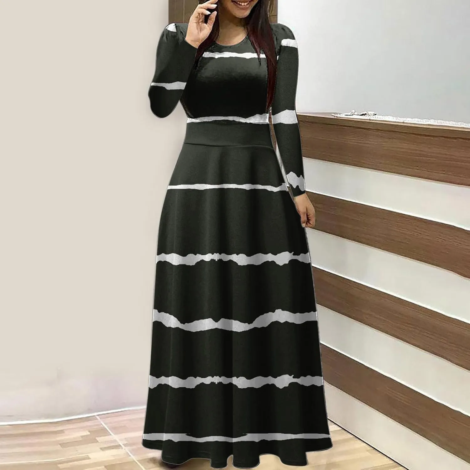 Fall Floral Dresses for Women 2024 Fashion Striped Elastic Waist Causal Boho Dress Plus Size Crewneck Oversized Dress