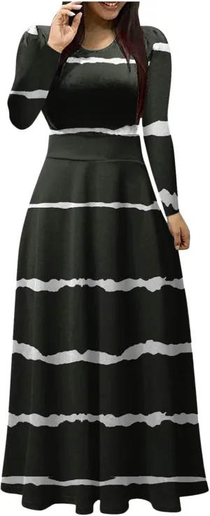 Fall Floral Dresses for Women 2024 Fashion Striped Elastic Waist Causal Boho Dress Plus Size Crewneck Oversized Dress