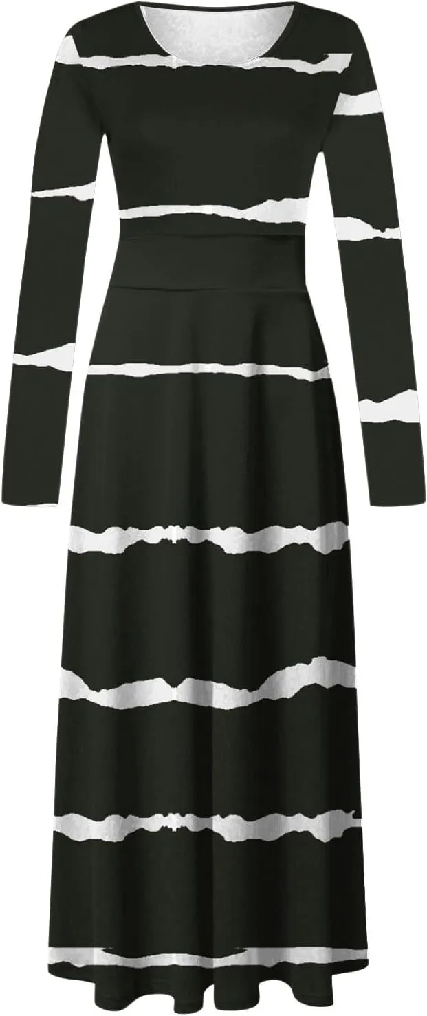 Fall Floral Dresses for Women 2024 Fashion Striped Elastic Waist Causal Boho Dress Plus Size Crewneck Oversized Dress