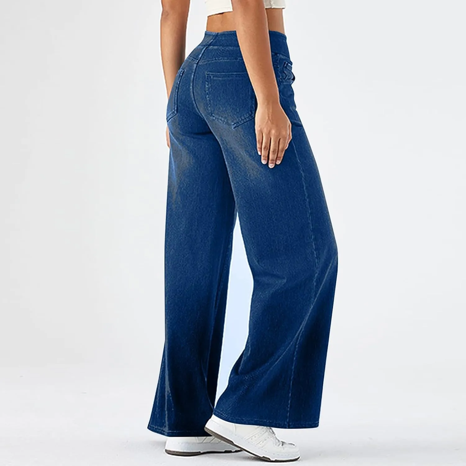 fanmpghleoo Wide Leg Jeans Woman Pull On Elastic Waist Jeans for Women Trendy Boyfriend Jeans Sweatpants That Look Like Jeans
