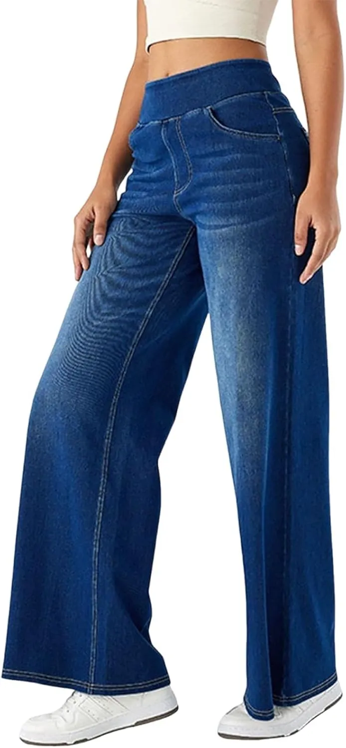 fanmpghleoo Wide Leg Jeans Woman Pull On Elastic Waist Jeans for Women Trendy Boyfriend Jeans Sweatpants That Look Like Jeans