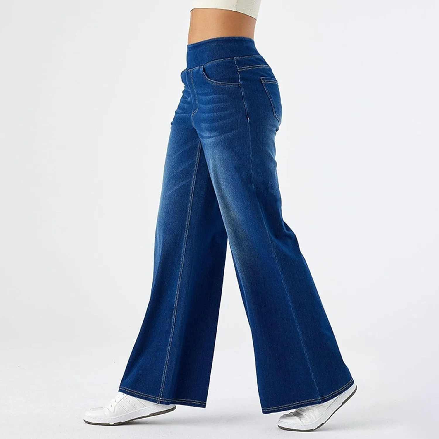 fanmpghleoo Wide Leg Jeans Woman Pull On Elastic Waist Jeans for Women Trendy Boyfriend Jeans Sweatpants That Look Like Jeans