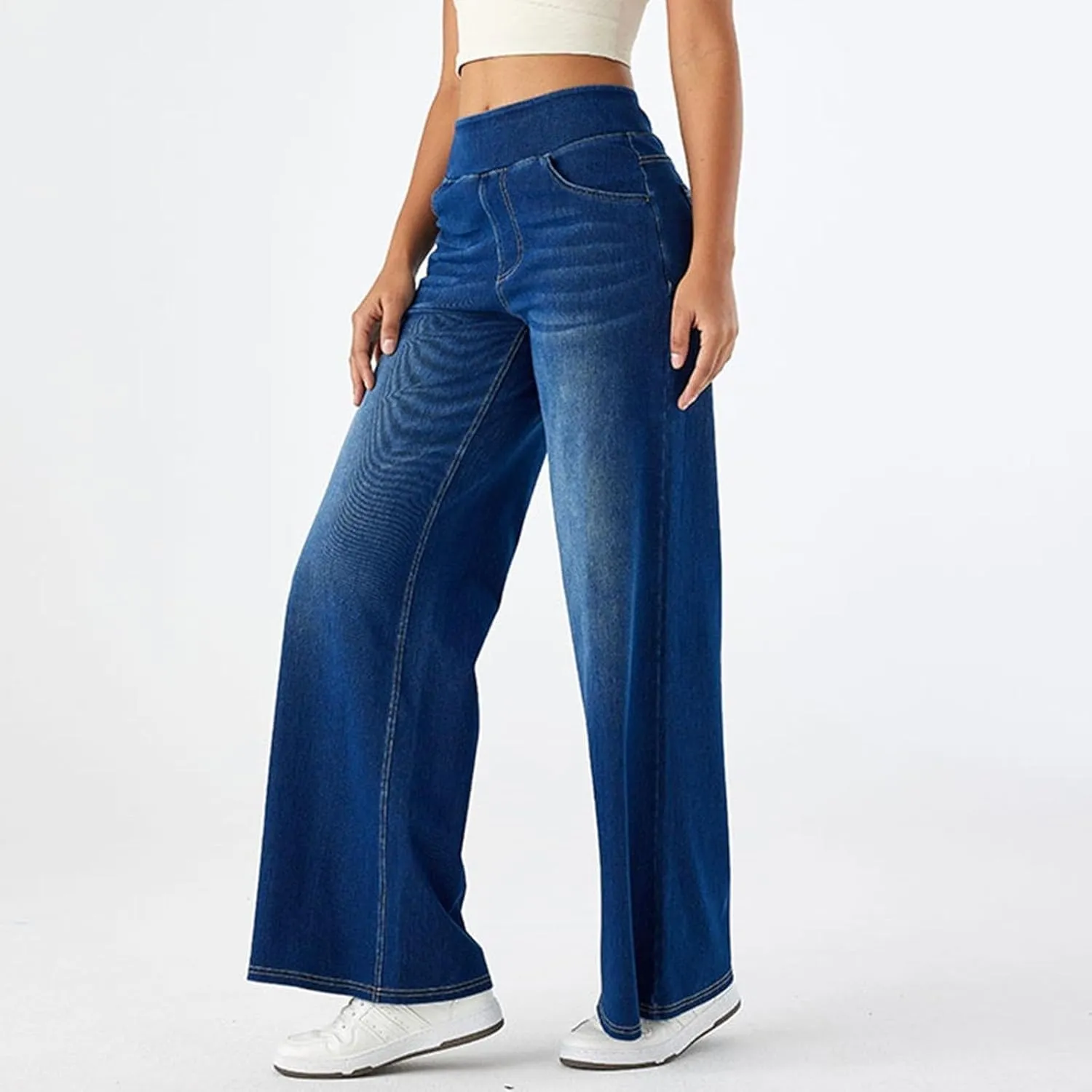 fanmpghleoo Wide Leg Jeans Woman Pull On Elastic Waist Jeans for Women Trendy Boyfriend Jeans Sweatpants That Look Like Jeans