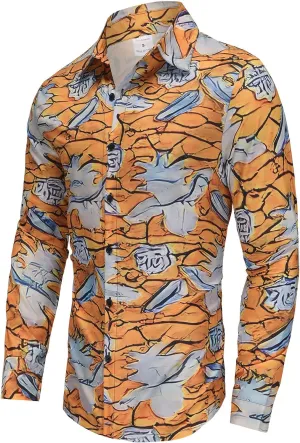 Fashion Casual Printed Shirt Men's Long Sleeve Casual Vacation Hawaiian Button Down Shirt