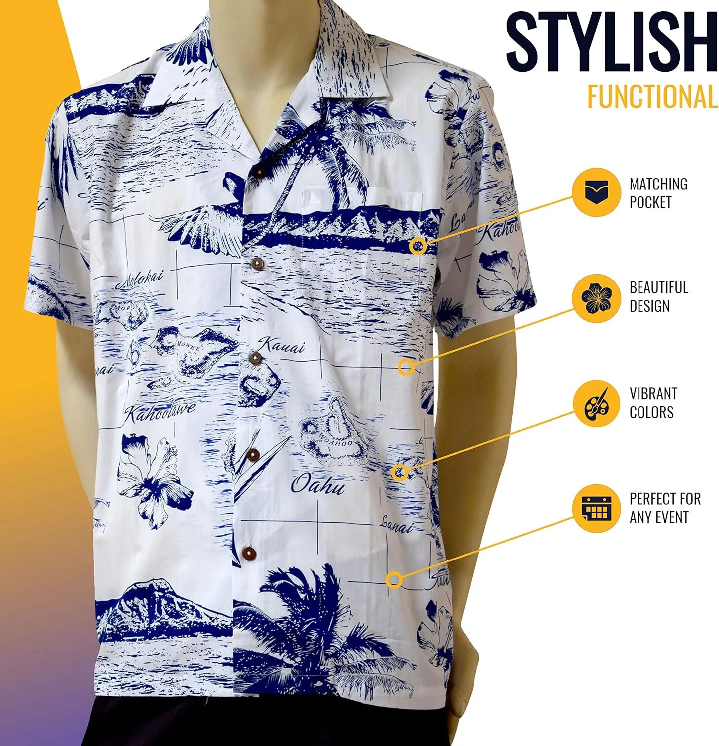 Favant Hawaiian Shirts - Hawaii Map 3 Comfortable Hawaiian Beach Shirt for Men. Lightweight Quick Dry Mens Hawaiian Shirts