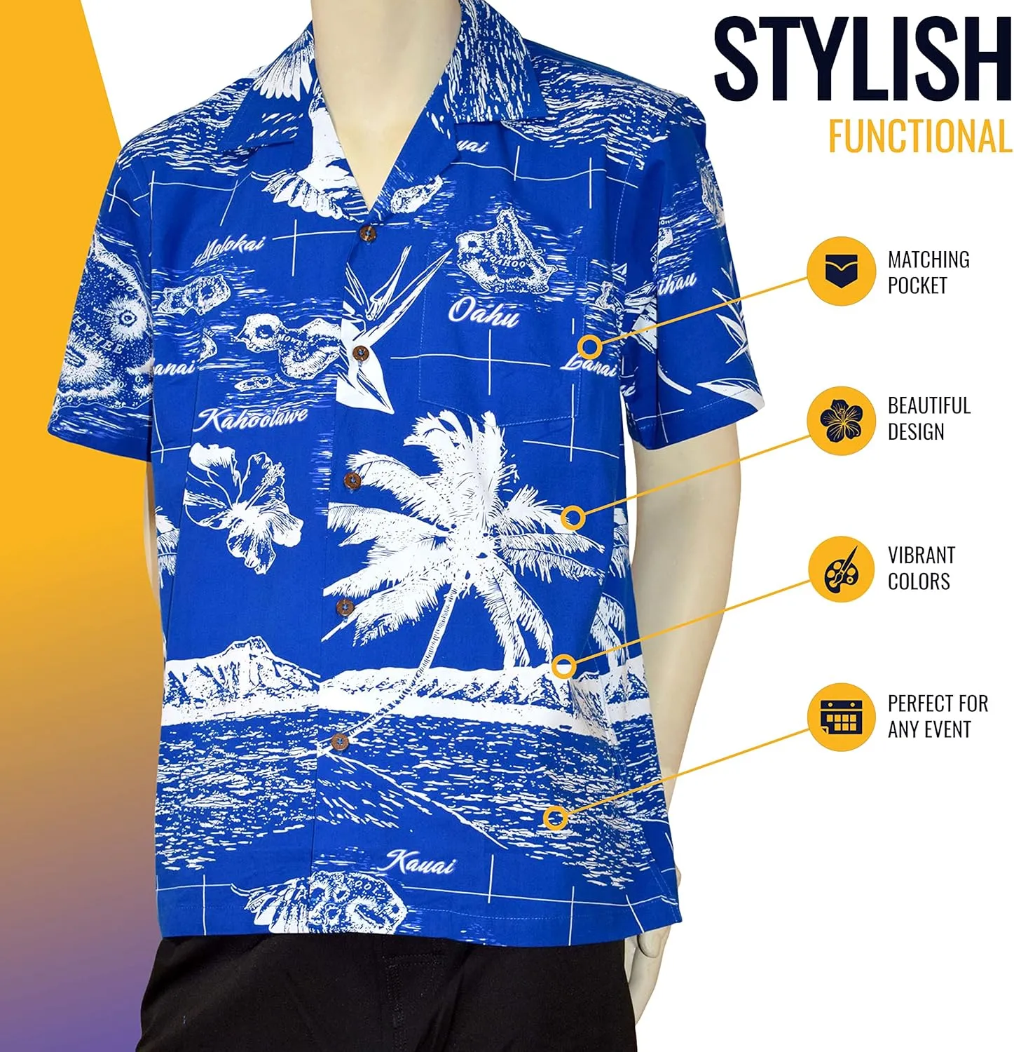 Favant Hawaiian Shirts - Hawaii Map 3 Comfortable Hawaiian Beach Shirt for Men. Lightweight Quick Dry Mens Hawaiian Shirts