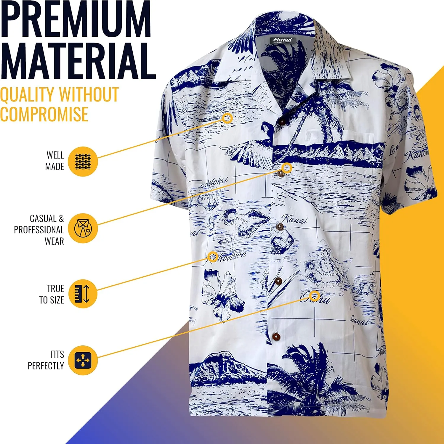 Favant Hawaiian Shirts - Hawaii Map 3 Comfortable Hawaiian Beach Shirt for Men. Lightweight Quick Dry Mens Hawaiian Shirts