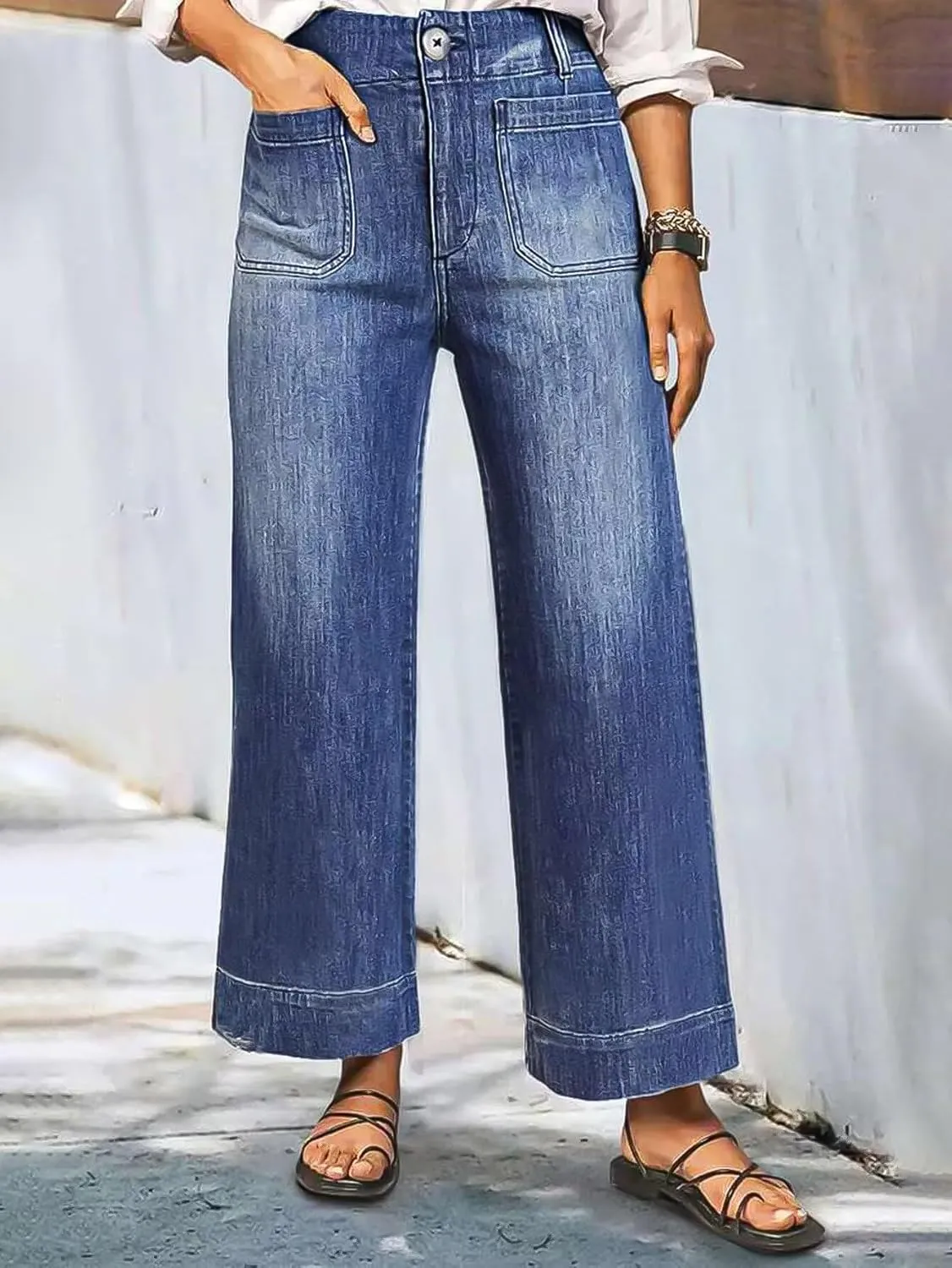 Flamingals High Rise Wide Leg Straight Leg Jeans Stretchy Baggy Trendy Patch Pocket Jeans