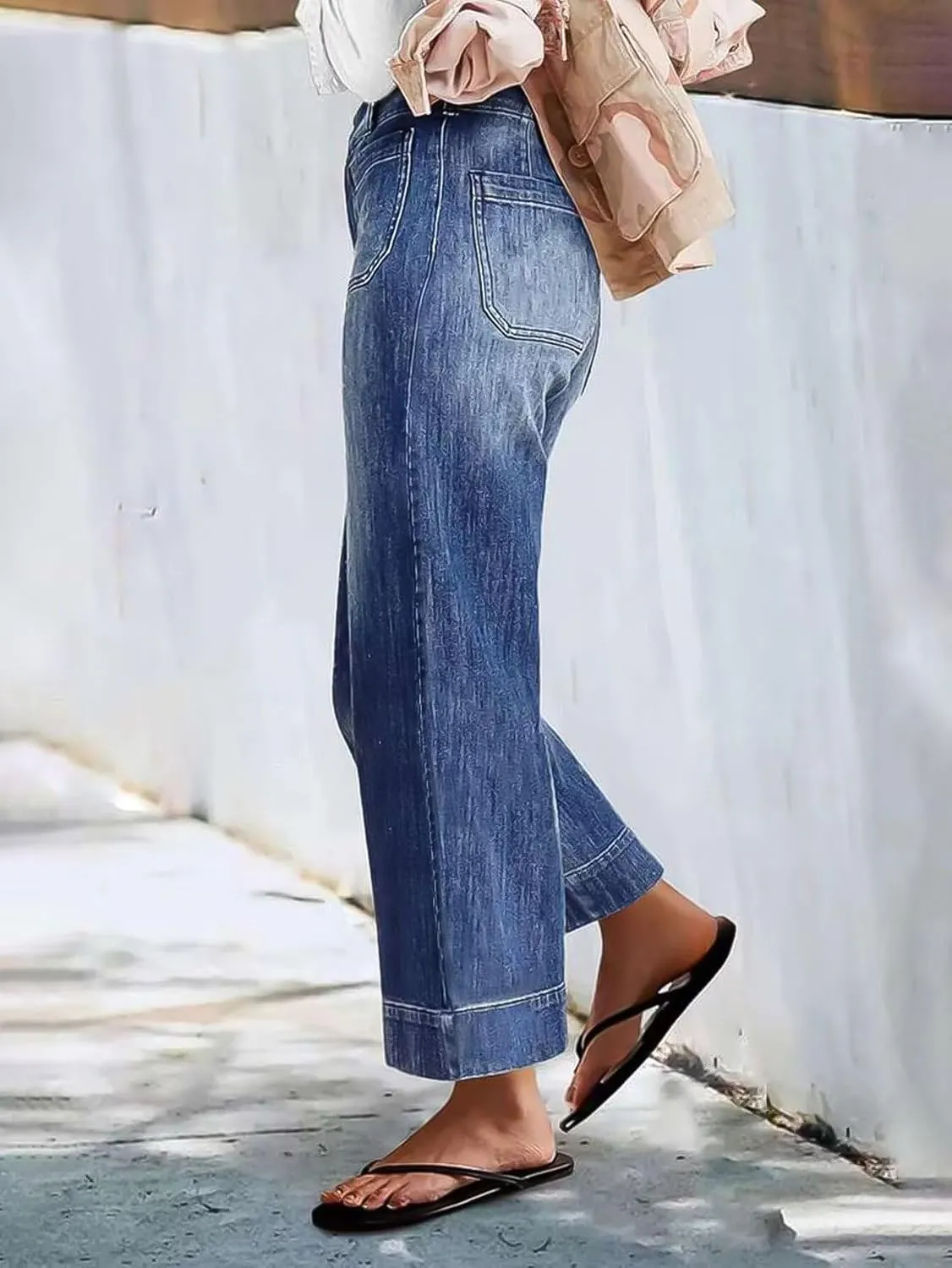 Flamingals High Rise Wide Leg Straight Leg Jeans Stretchy Baggy Trendy Patch Pocket Jeans