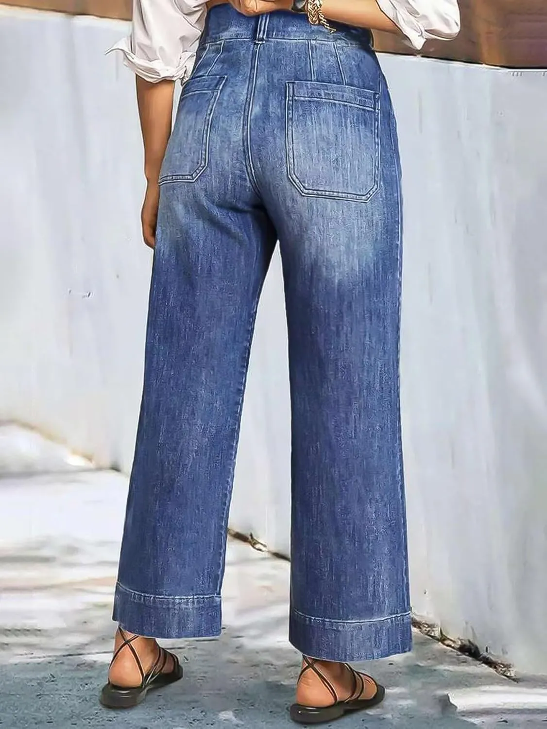 Flamingals High Rise Wide Leg Straight Leg Jeans Stretchy Baggy Trendy Patch Pocket Jeans