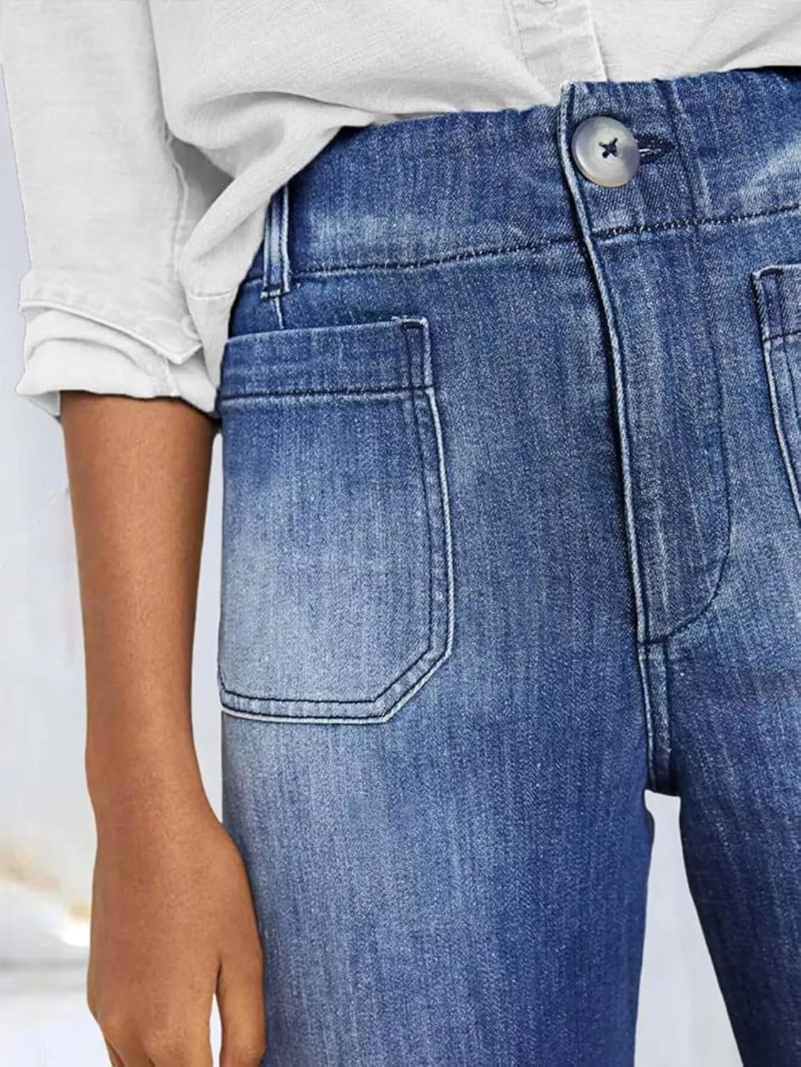 Flamingals High Rise Wide Leg Straight Leg Jeans Stretchy Baggy Trendy Patch Pocket Jeans
