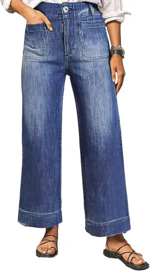 Flamingals High Rise Wide Leg Straight Leg Jeans Stretchy Baggy Trendy Patch Pocket Jeans