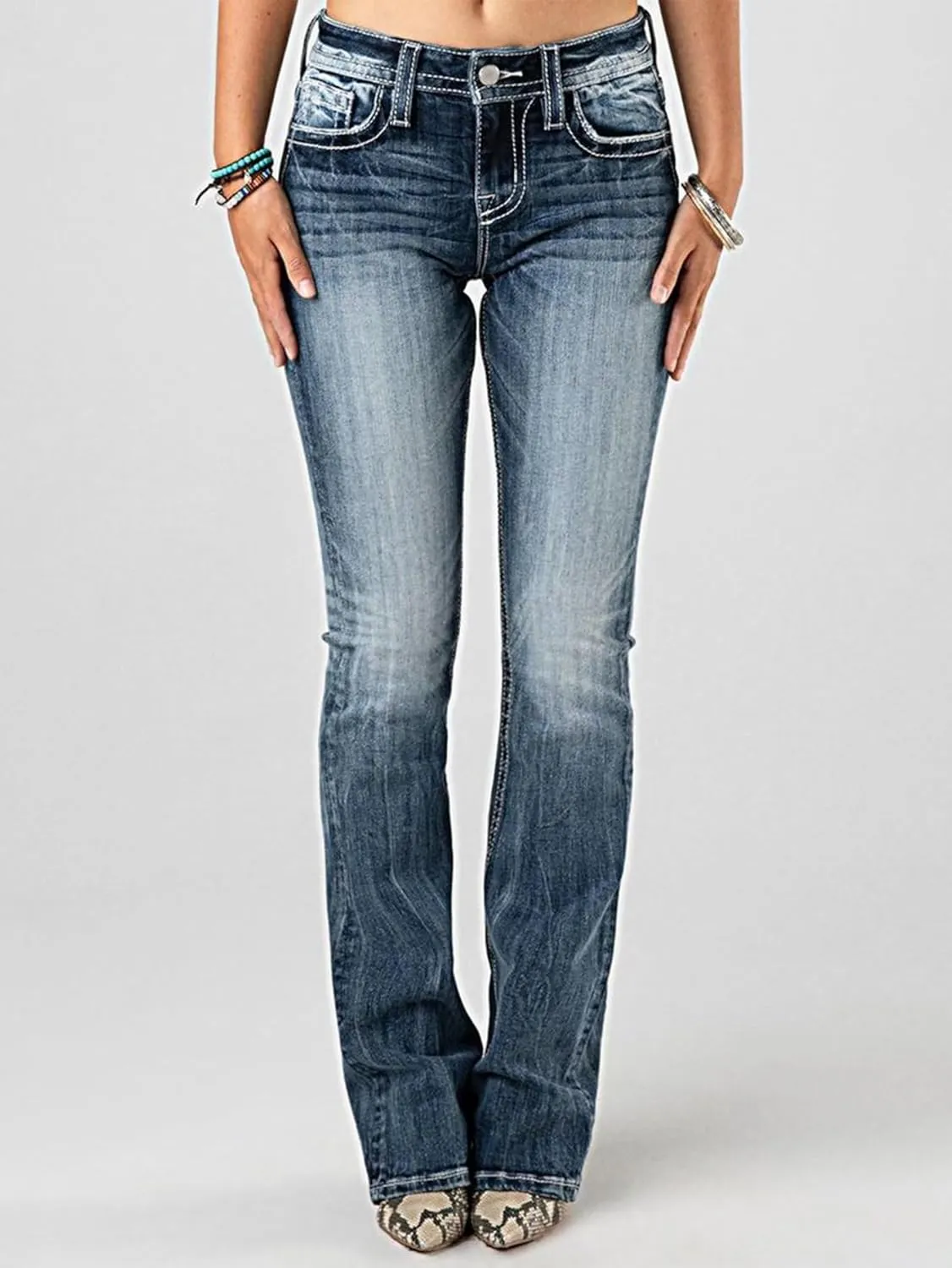Flamingals Mid Waist Boot Cut Jeans for Women Straight Leg Trendy Embroidery Denim Pants