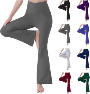 Flared Leggings for Women Trendy High Waist Tummy Control Yoga Pants Casual Comfy Gym Workout Trousers with Pockets
