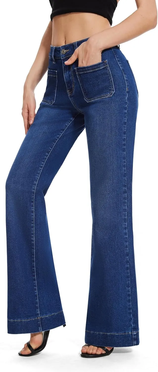 FLYING BANANA Women's Flare High Waisted Bell Bottom Wide Leg Jeans Baggy Stretch Trendy Denim with Pockets