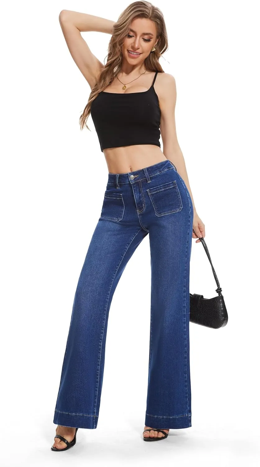 FLYING BANANA Women's Flare High Waisted Bell Bottom Wide Leg Jeans Baggy Stretch Trendy Denim with Pockets
