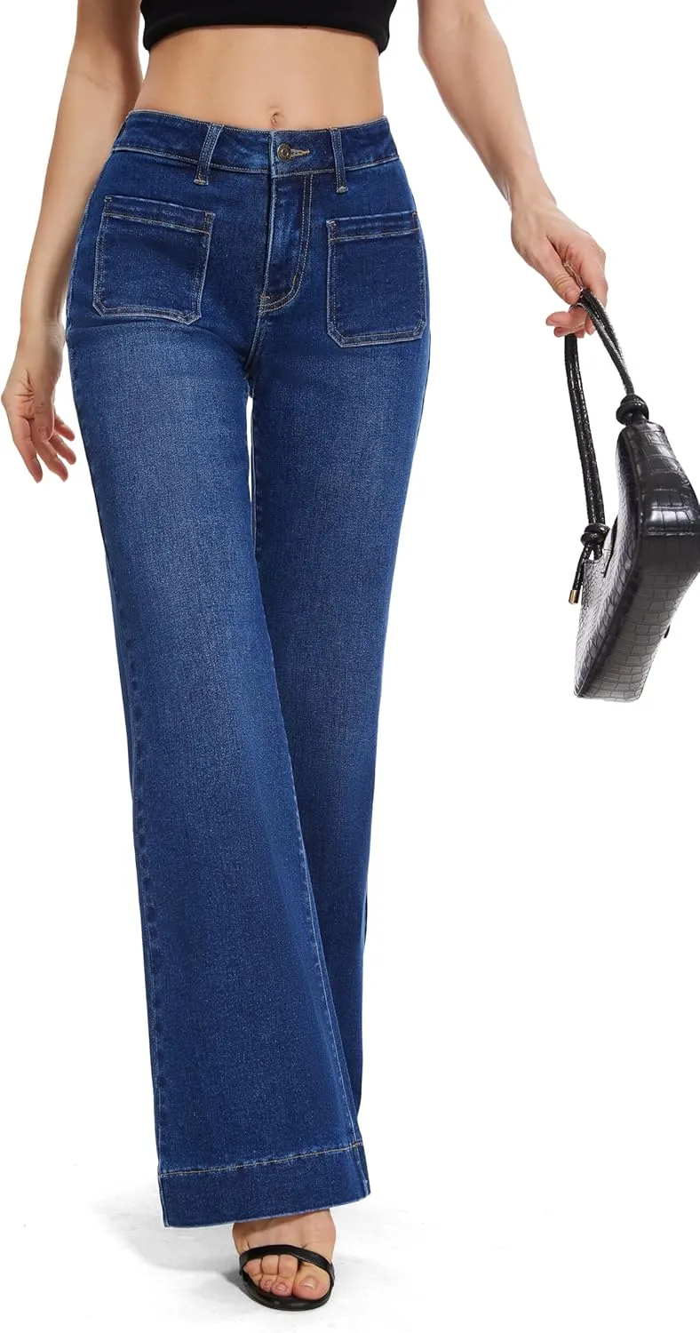 FLYING BANANA Women's Flare High Waisted Bell Bottom Wide Leg Jeans Baggy Stretch Trendy Denim with Pockets