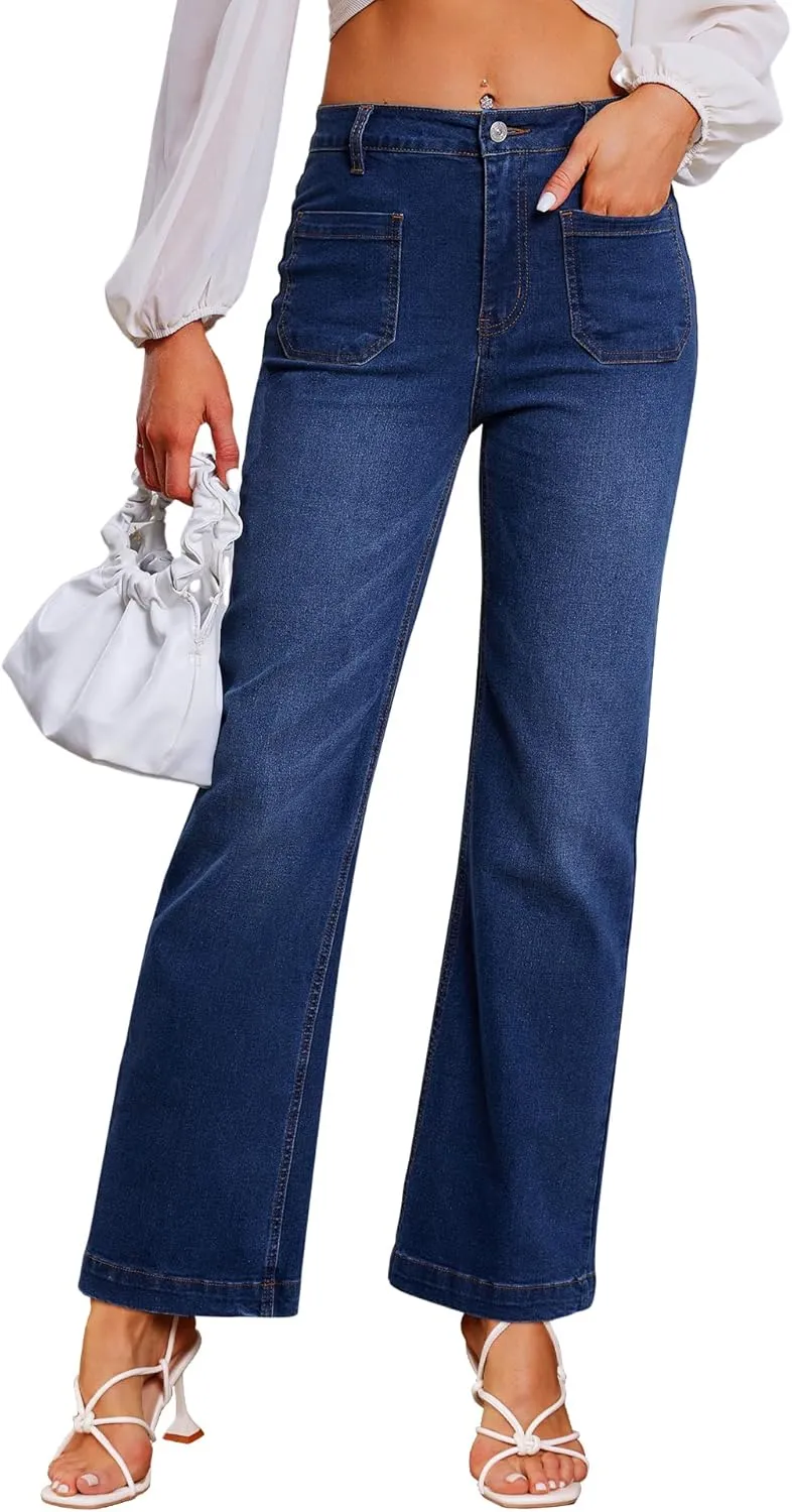 Genleck Wide Leg Jeans for Women  High Waisted Stretch Front Patch Pockets Trendy Jeans Baggy Mom Tummy Control Denim Pants